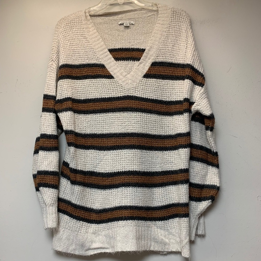 American Eagle Sweater Womens Small Cream Brown Striped V-Neck Waffle Knit